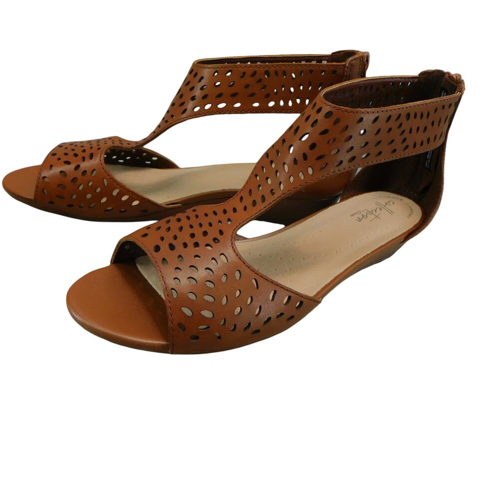 Clarks Women's Shoes Abigail Ruby Perforated Leather Dark Tan Sandal Size 8.5W - Picture 5 of 13